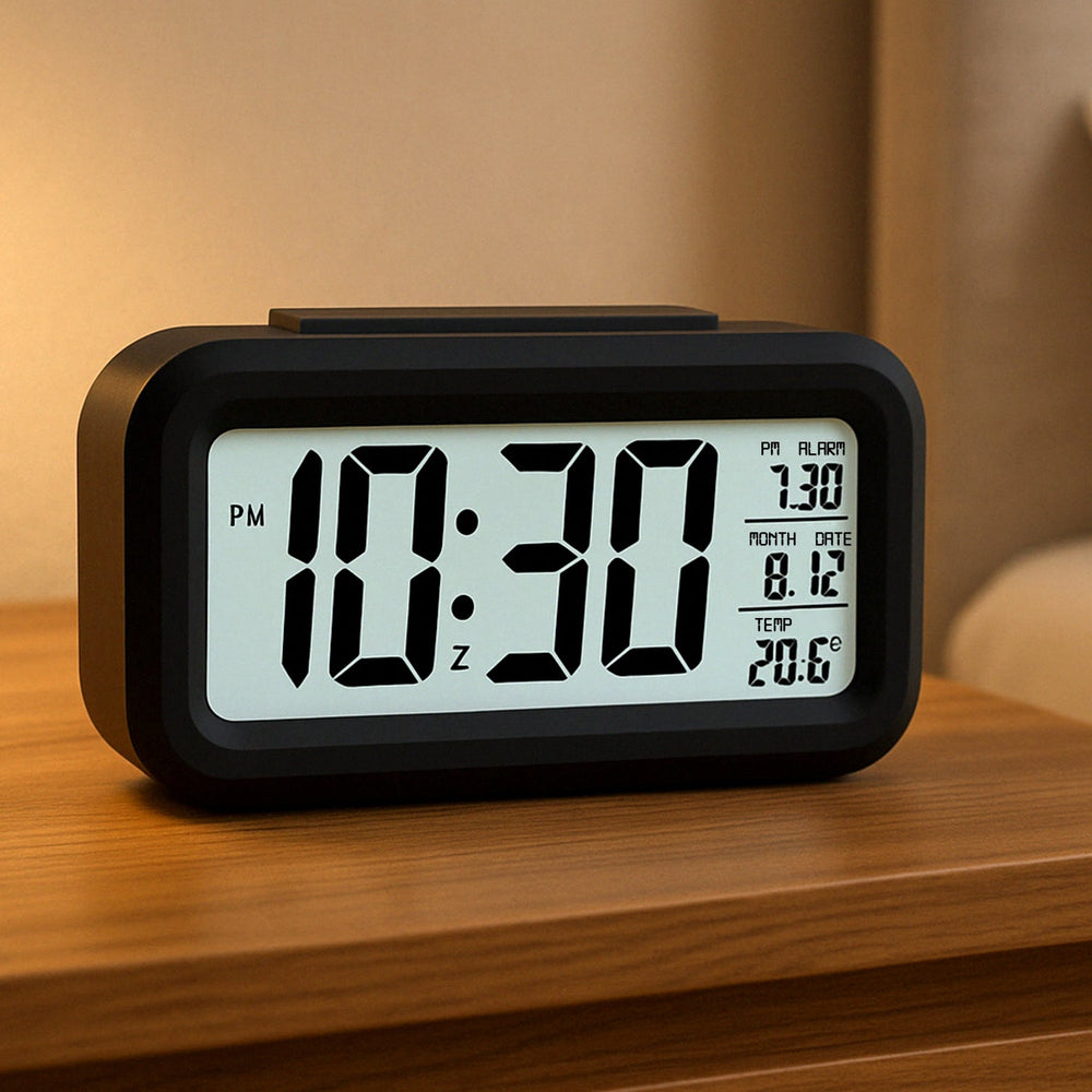 Digital LCD Alarm Clock – Backlit Display with Time & Temperature