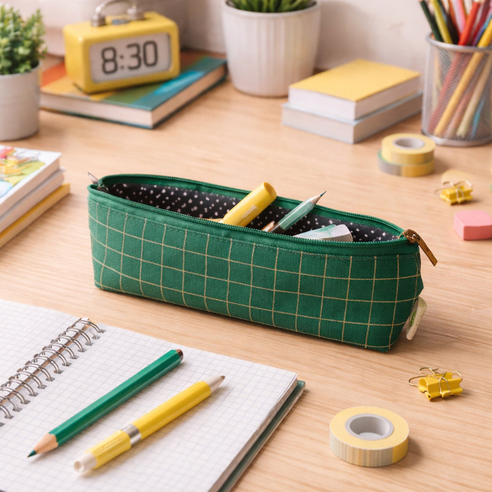 Green Grid Printed Pencil Pouch – Stylish & Compact Organizer