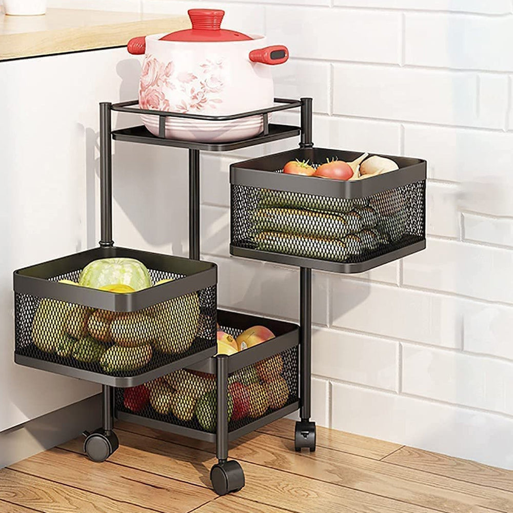 Metal Kitchen Trolley – 3-Layer Rotating Baskets | CookAura