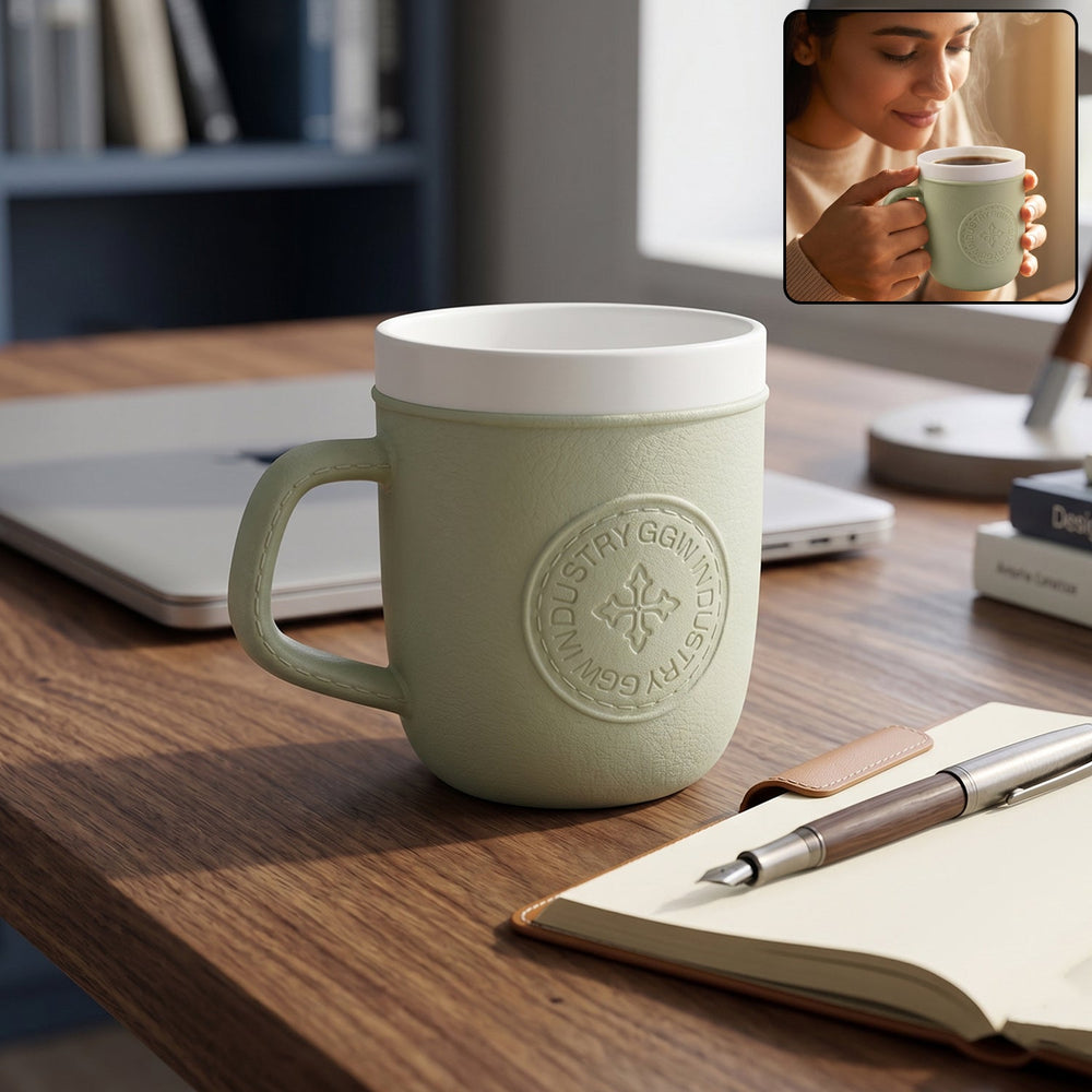 Plastic Coffee Mug with Handle – Leather-Textured Reusable Cup
