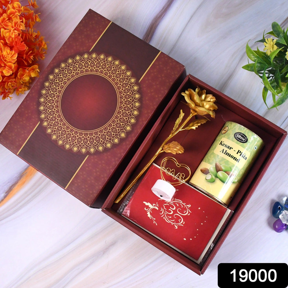 Valentine’s Day Gift Box – Heart Light, Chocolates & Golden Flower | Giftoiza