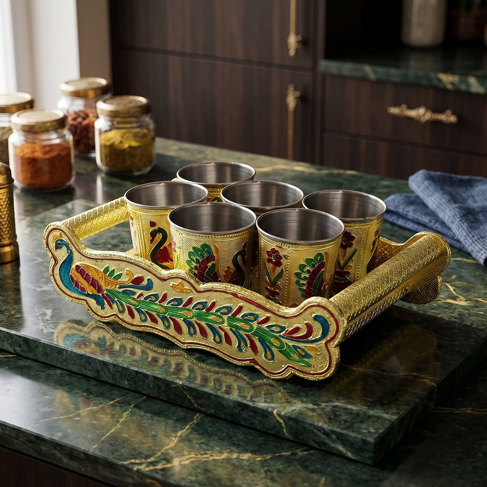 Minakari Serving Tray Set – Peacock Design Glasses | Indo Glow