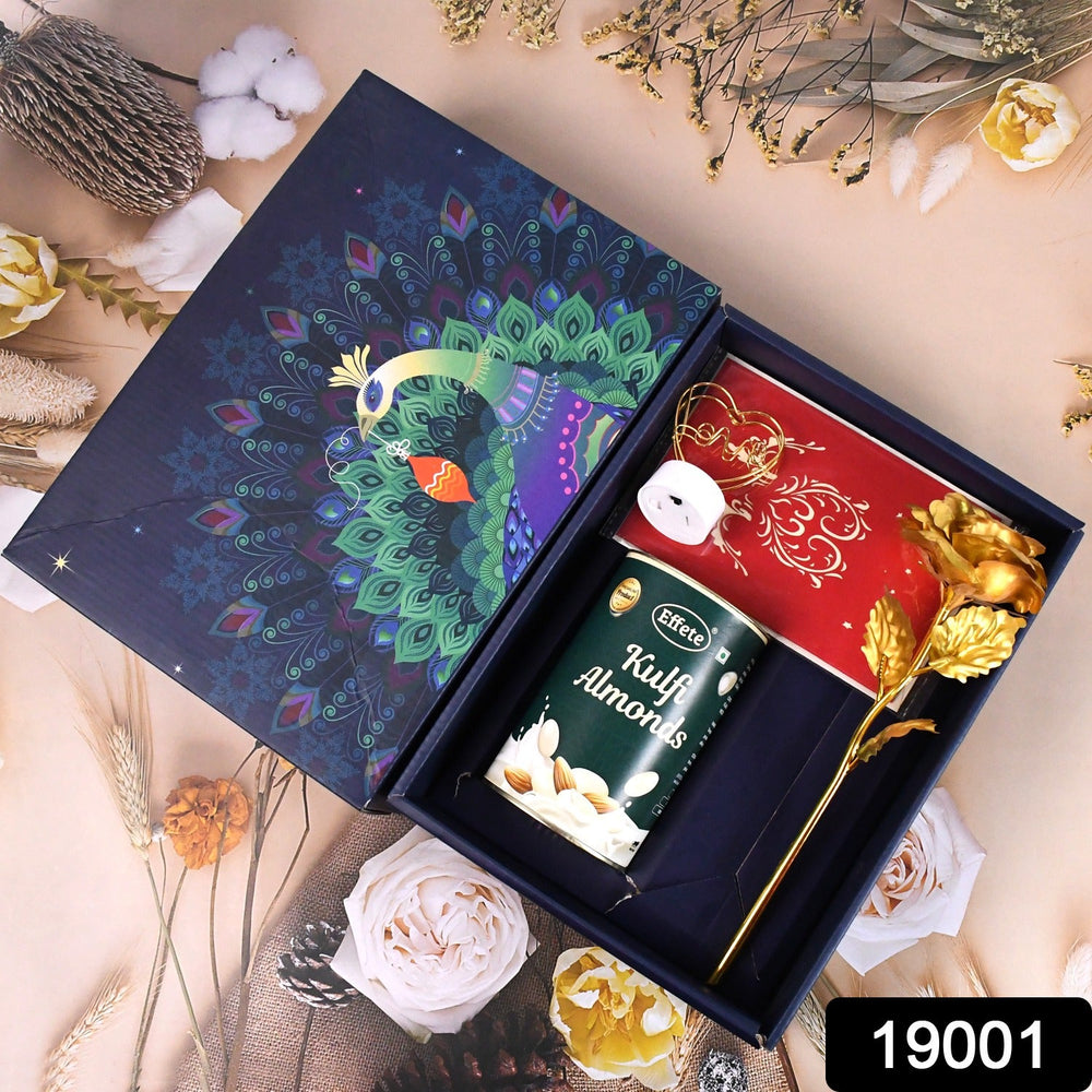 Valentine Gift Box – Heart Light, Chocolates & Golden Flower | Giftoiza