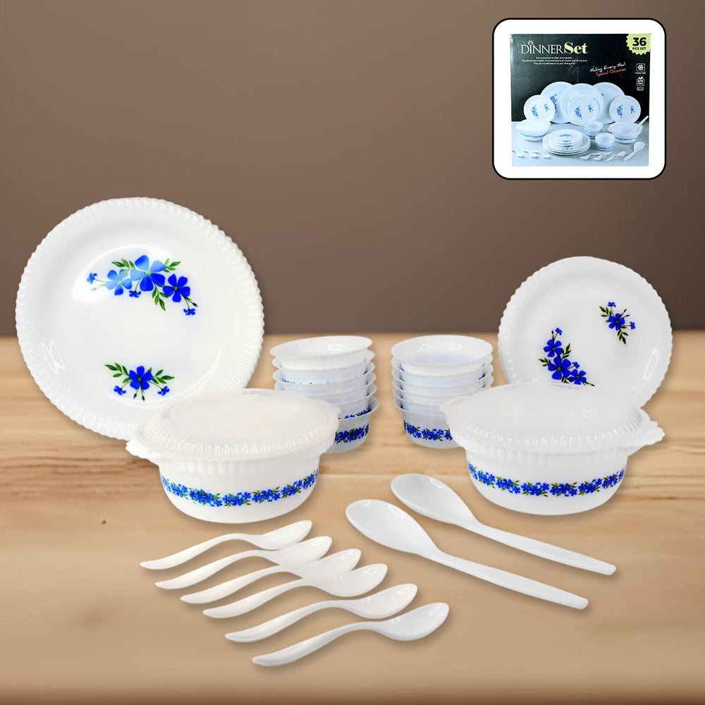 Plastic Dinner Set – Durable 36-Piece Blue Floral Design